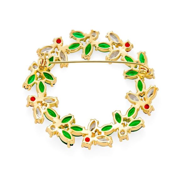Marquise CZ Green Red Christmas Holiday Round Wreath Brooch Pin - Green - Picture 2 of 4